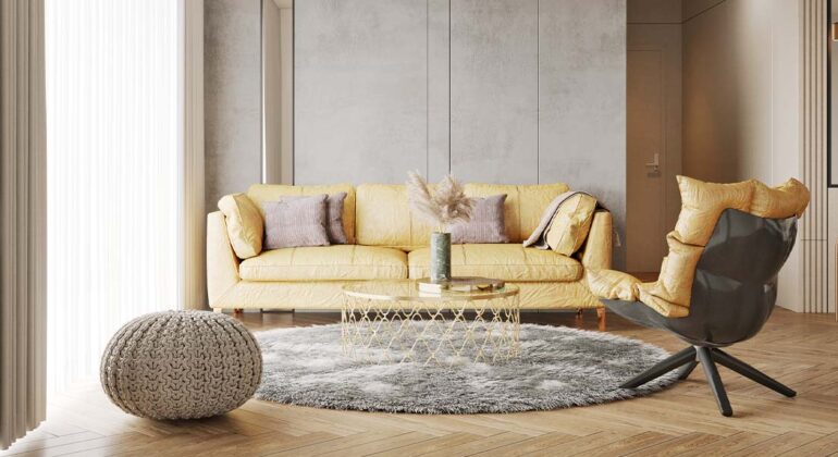 art deco industrial living room yellow furniture